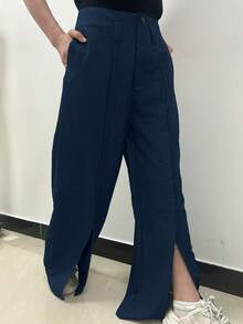 Chiquease Quần ống rộng xẻ tà thanh lịch màu trơn dành cho nữ - Màu xanh hải quân - Xem 4