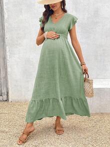 SHEIN Maternity Casual V-Neck Cap Sleeve Ruffle Hem Solid Color Dress - Green - View 7