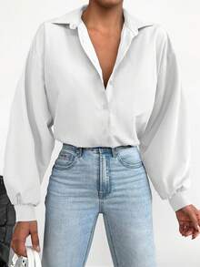 EURMUSE Camisa de algodón sólida con hombros caídos y corte oversize - Blanco - Ver 4