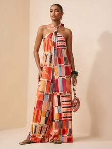 Zivah 2026春夏新款音乐节、复活节、母亲节、婚礼季、婚礼宾客、生日派对、日常休闲穿着、百搭基础款、休闲、邮轮旅行、海滩、日光浴、爆款、街头风、优雅、休闲、露背吊带、性感露背、扭结超宽松阔腿裤、多色格子复古印花女士连体裤 - 彩色 - 查看 6