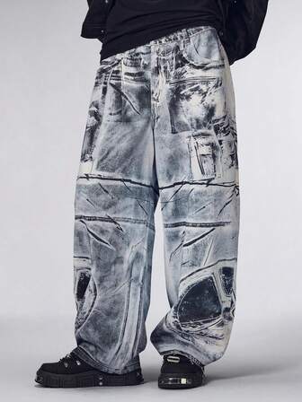 Street Life Jeans anchos y sueltos de moda casual con estampado gráfico para hombres