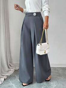 Modelyn Women's Solid Color Wide Leg Pants, Suitable For Commuting - Light Grey - View 6