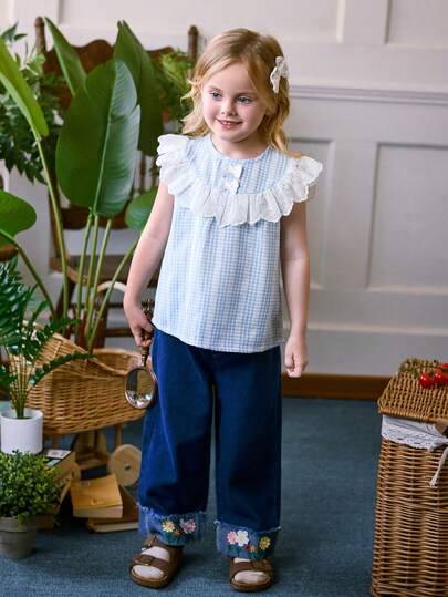 Blossori Vintage Countryside Style Toddler Girls' Blue Cute Sweet 3D Bow Decor Plaid Fabric Eyelet Embroidery Floral Trim Sleeveless Blouse