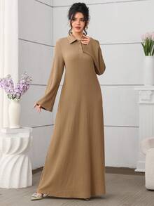 Mulvari Knitted Solid Color Textured Fabric Shirt Collar Button Decor Long Sleeve Loose Elegant Everyday Dress - Brown - View 3