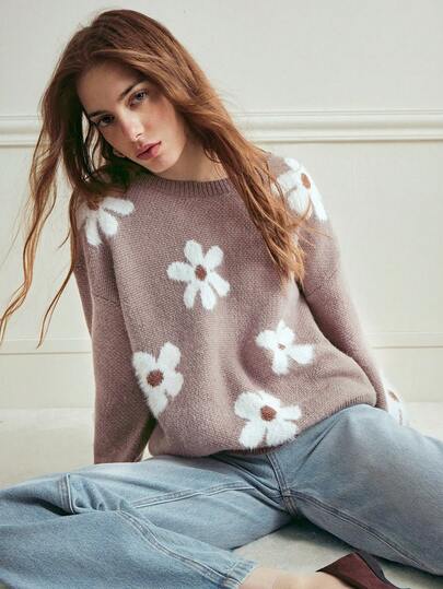 Écloséra Women's Casual Fluffy Flower Pattern Round Neck Drop Shoulder Long Sleeve Knit Pullover Sweater, Autumn/Winter