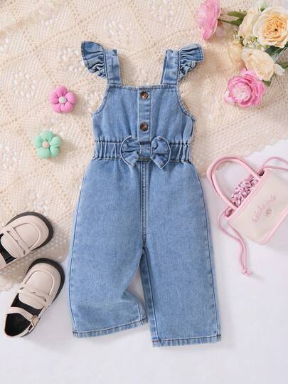 LMoss Kids 女婴3D蝴蝶结牛仔连体裤，喇叭袖