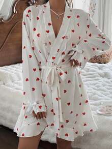 SHEIN Women's Heart Print Ruffle Lace Trim Robe Summer Robe Womens Robe Cute Robes Cute Sleepwear Heart Print Robe
