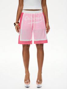 SHEIN EZwear 女士休闲运动风抽绳腰字母印花撞色宽松短裤 - 粉色 - 查看 6