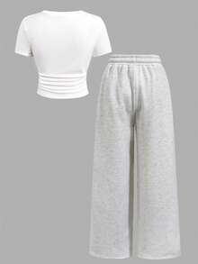 SHEIN Tween Girls' Summer Casual Solid Color Ruffle Short Sleeve T-Shirt And Wide Leg Pants Set - Grey - View 2