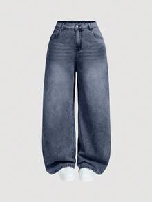 EURMUSE Quần jean ống rộng thường ngày giặt sạch cỡ lớn cho nữ - Màu xanh bụi bặm - Xem 1