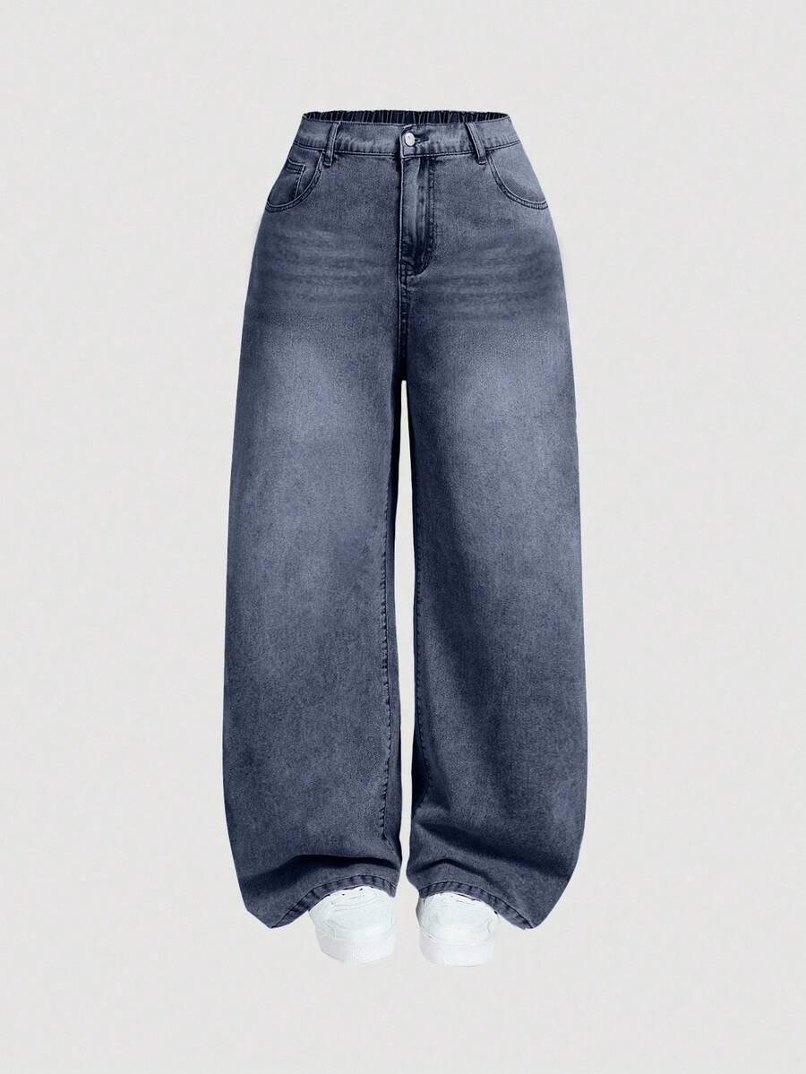 EURMUSE Quần jean ống rộng thường ngày giặt sạch cỡ lớn cho nữ - Màu xanh bụi bặm - Xem 1