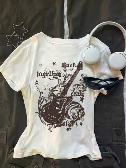 Glimmora Electric Guitar Graphic Casual Tee, Suitable For Music Concerts And Daily Fashionable Outfits, Music Lover Apparel