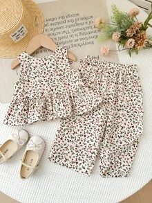 LMoss Kids 2pcs Baby Girl Ditsy Floral Sleeveless Top And Pants Set