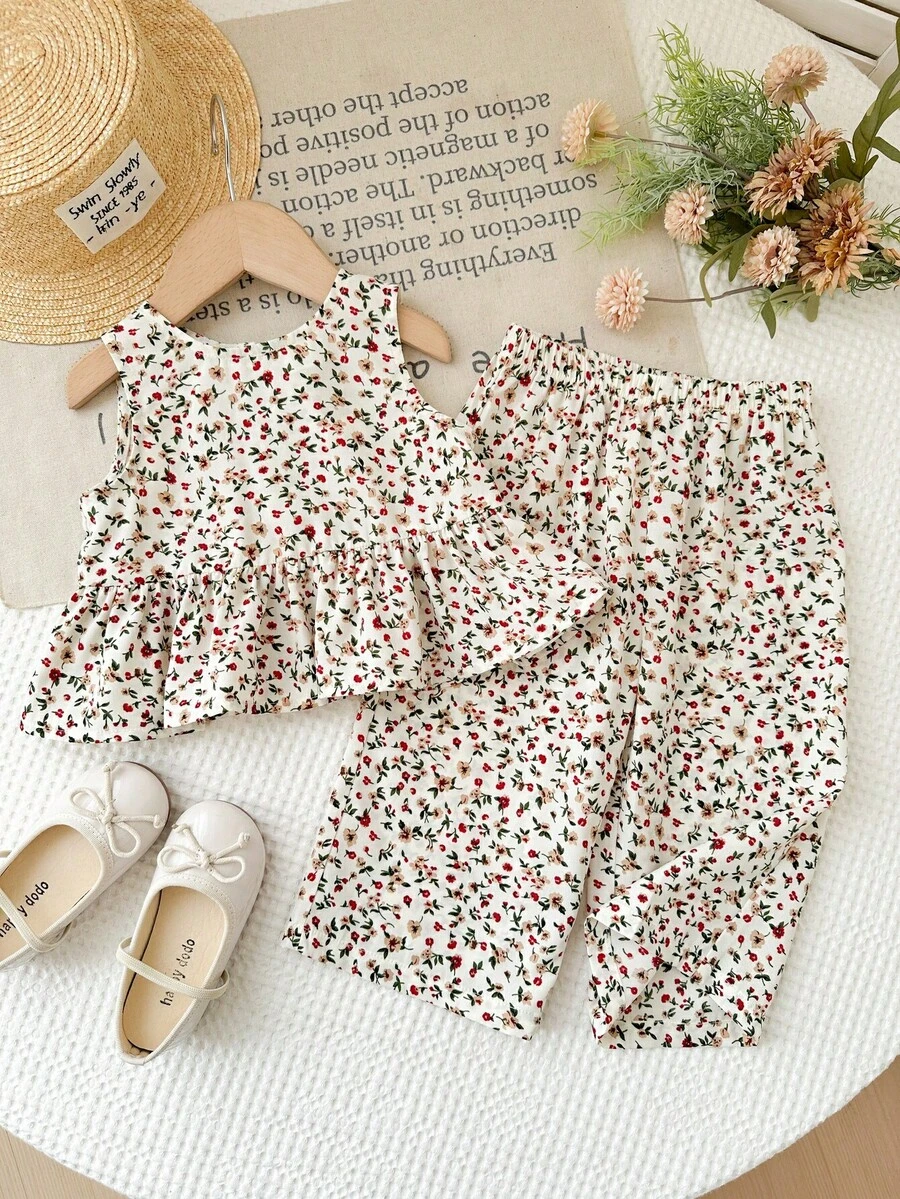 SHEIN LMoss Kids Young Girl Summer Cute Ditsy Floral Bow Decor Vest And Pants Set Retro Outfit For Kids Spring Clothes Girls Clothing Sets Flower - Multicolor - View 1