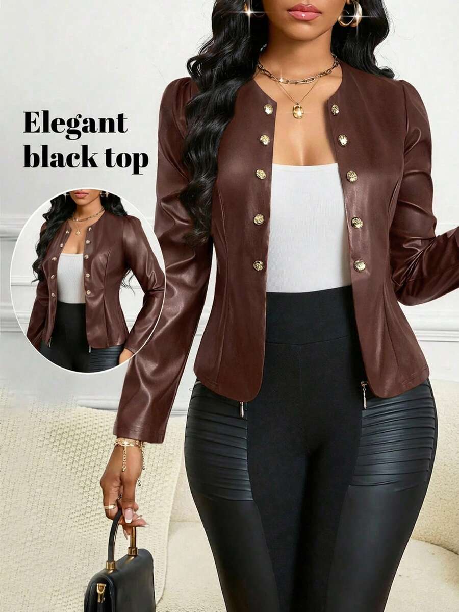 SHEIN Lady 女士PU皮机车夹克，优雅开襟黑色外套，秋冬款 - 棕色 - 查看 1