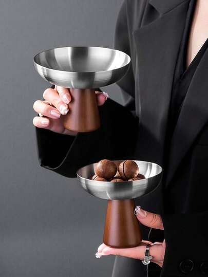 1pc Stainless Steel Dessert Bowl, Walnut Wooden High Footed Dessert Cup, Creative Ice Cream Bowl, Fruit Yogurt Salad Bowl, Decorative Bowls, Jewelry Trays, Aromatherapy Trays, Snack Plates, For Home, Courtyard, Dessert Shop