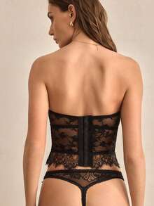 Charlaine 1/2罩杯花卉蕾丝拼接半罩杯文胸，钢圈聚拢加厚无缝舒适文胸，浪漫法式/意式风格，适合日常穿着 - 黑色 - 查看 4