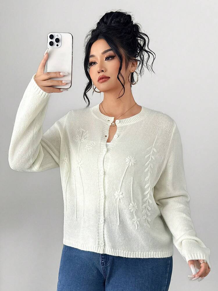 Dazy Plus Jacquard Knit Loose Cardigan, Casual Plus Size Women Spring/Autumn