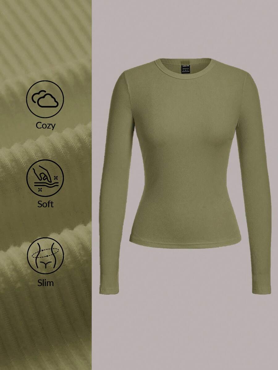 SHEIN BASICS 女士休闲纯色针织圆领长袖修身T恤 - 薄荷綠 - 查看 1