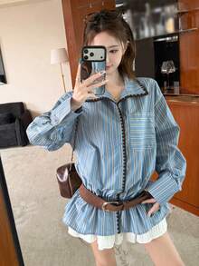 DAZY Women's Striped Casual Korean Style Long Sleeve Shirt, Spring/Summer - Blue - View 6
