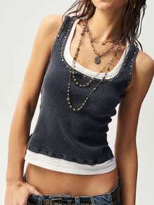 Bohemela 女士休闲 Y2K 波西米亚西部音乐节铆钉熨烫贴片复古水洗做旧撞色拼接二合一罗纹背心，派对夜店装，四季皆宜，完美适用于休闲外出、闺蜜聚会、音乐节、派对叠穿或居家休闲。 - 灰色 - 查看 1