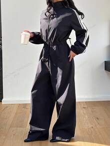 Muchica 女士立领拉链腰部褶皱休闲日常长袖连体裤 - 黑色 - 查看 4