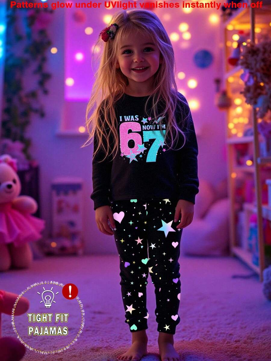 女童紧身睡衣 - 67号生日睡衣套装，黑色星星和爱心图案，长袖圆领长裤，紧身睡衣，2026年生日礼物，四季皆宜，可爱闪亮，夜光图案，适合夜间穿着 - 黑色 - 查看 1