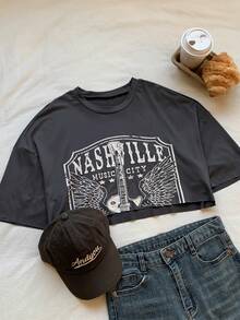 SHEIN EZwear 复古风格灰色老鹰字母图案落肩短款T恤 - 深灰色 - 查看 6