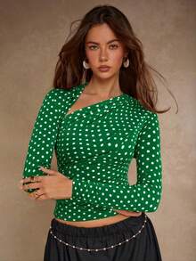 COSMINA Áo thun nữ dài tay ôm dáng, in họa tiết chấm bi, cổ lệch, thời trang. - màu xanh lá - Xem 3