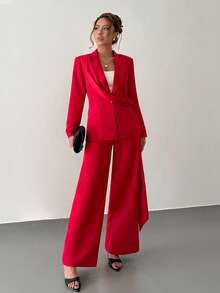 Women's Elegant Single-Breasted Flared Sleeve Blazer Suit Set For Commuting - Red - View 3
