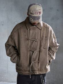 ROMWE MEN Street Life 男士休闲牛仔夹克 - 棕色 - 查看 6