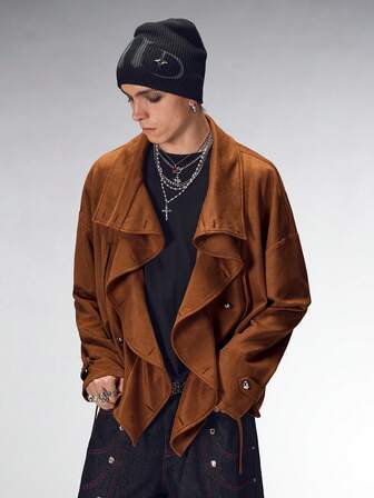 Street Life Men's Autumn Fashionable Minimalist Solid Color Suede Fleece High Collar Double-Breasted Loose Drop Shoulder Jacket