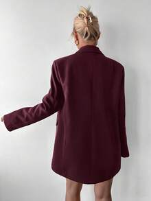 SHEIN PETITE 女款休閒寬鬆加厚肩墊中長版雙排扣西裝外套，適合嬌小女性 - 酒紅色 - 查看 2