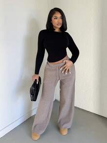 Alexandranx Quần len trơn màu thường ngày cho nữ mùa thu/đông - Màu Khaki - Xem 1