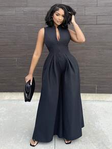 Alexandranx Extreme Wide Leg Zip Front Sleeveless Jumpsuit - Black - View 3