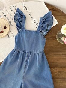 LMoss Kids 女童牛仔连体裤，饰有3D蝴蝶结和荷叶袖，蓝色 - 淺色水洗藍 - 查看 6