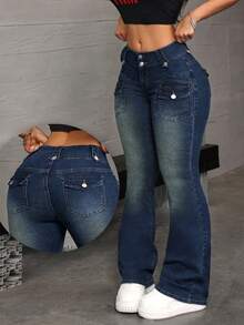 SHEIN ICON 女士休闲百搭喇叭牛仔裤，带口袋 - 藍色 - 查看 1