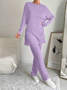 EURMUSE 100%Cotton Women's Solid Color Striped Round Neck Top And Pants Two Piece Set - Lilac Purple - View 7