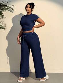 SHEIN EZwear Bộ 2 món màu xanh hải quân cỡ lớn gồm áo dệt kim họa tiết và quần xếp ly có dây rút, kiểu dáng thường ngày. - Màu xanh hải quân - Xem 5