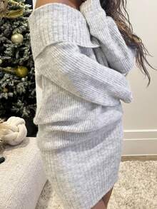 灰色露肩高领长袖迷你毛衣裙，上衣宽松下装紧身，适合年轻女士，秋冬 - 灰色 - 查看 7