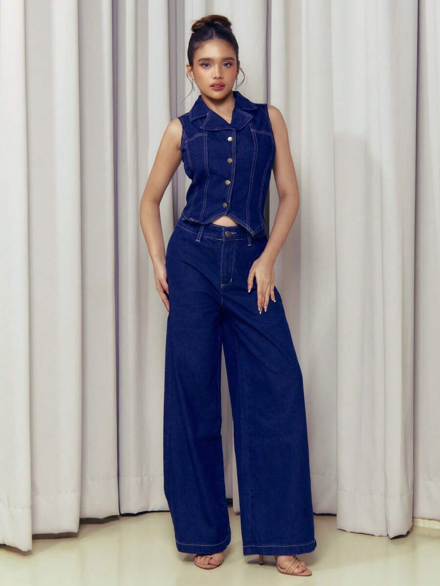 Criza Taa 女式两件套牛仔套装（含前开背心和阔腿裤） - 深色水洗藍 - 查看 1