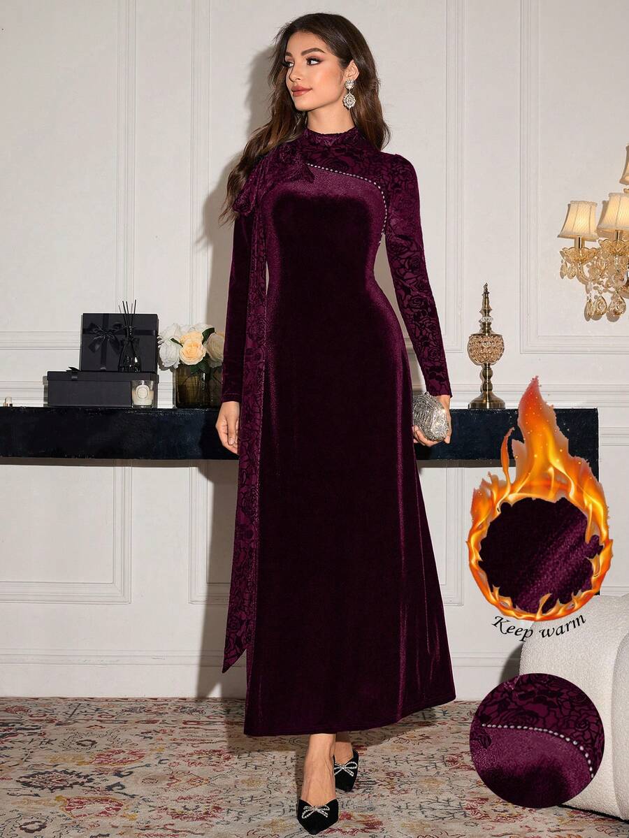 Modelyn 优雅黑色丝绒水钻缎带连衣裙，女士秋冬款 - 酒紅色 - 查看 1