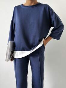 EURMUSE Drop Shoulder 2 In 1 Tee & Seam Detail Trousers - Blue - View 6