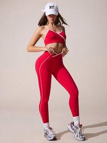 Core Rhythm 2-częściowy damski zestaw do fitnessu sportowego, biustonosz i legginsy, strój do jogi z modnym krzyżującym się wzorem w talii - Czerwony - Zobacz 5