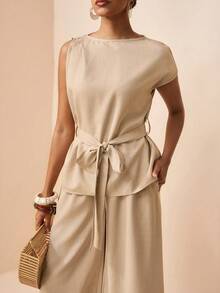 Zivah 2026春夏新款情人节音乐节复活节西部波西米亚风纳什维尔派对婚礼正式约会休闲学生日常基本休闲邮轮海滩日光浴优雅通勤商务休闲单肩褶皱系腰上衣+带真口袋的阔腿裤卡其色两件套，春夏度假休闲套装，女士两件套 - 卡其色 - 查看 9