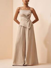 Zivah 2026 Spring/Summer New Valentine's Day, Music Festival, Easter Western, Nomadic, Bohemian Casual Vacation Elegant Commute Camisole With Twisted Waist & Asymmetrical Hem + Wide Leg Pants Khaki 2-Piece Set - Khaki - View 4