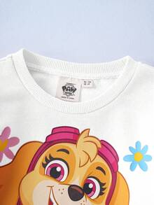 SHEIN | PAW Patrol 2pcs Young Girl Cartoon Cute Puppy Print Pink Knit Loose Sweatshirt And Floral All-Over Print Flared Pants Set, Autumn/Winter - Pink - View 7