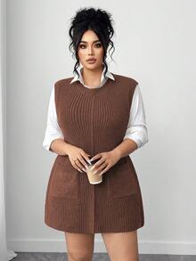 Elenzga 大码女式宽松针织圆领休闲日常纯色毛衣背心，带大口袋，秋冬季 - 咖啡棕 - 查看 3