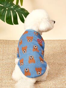 PETSIN 1件宠物猫狗通用蓝色小熊可爱图案针织提花开襟裙装外套保暖舒适狗狗毛衣外套 - 藍色 - 查看 2