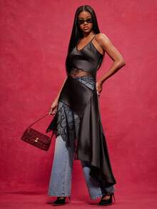 NYA SZN V领深V宽松缎面黑色蕾丝不对称下摆吊带高低摆街头风叠穿约会活动派对性感奢华长款连衣裙 - 黑色 - 查看 4